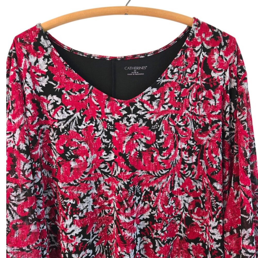 Catherines Plus Size 5X Red/Black Floral Tunic V-Neck Long Sleeve Stretch Top - Picture 4 of 8
